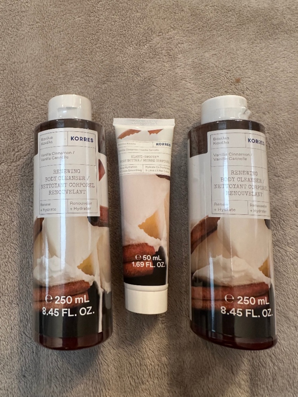 NEW 3 PIECE KORRES BODY CLEANSER/BODY VAN CINNAMON
